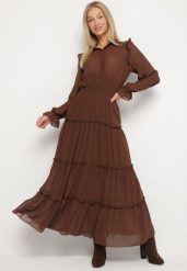 Brązowa Rozkloszowana Sukienka VICES Koszulowa w Stylu Retro Aravite. Brązowe sukienki Born2be, na co dzień, l, bez wzorów, eleganckie, bez kołnierzyka, bez ramiączek, maxi, koszulowe. Za 149.99 zł.