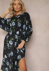 Czarno-Niebieska Midi Sukienka w Kwiaty o Rozkloszowanym Kroju z Rękawami Nietoperz Jervia. Czarne sukienki Renee, l, bez wzorów, eleganckie, bez kołnierzyka, bez ramiączek, midi, rozkloszowane. Za 49.99 zł.