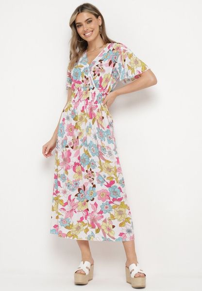 Biało-Różowa Sukienka w Kwiaty z Kopertowym Dekoltem i Gumkami w Pasie Lomanda. Białe sukienki Born2be, na co dzień, na lato, l, bez wzorów, eleganckie, bez kołnierzyka, bez ramiączek, midi, kopertowe. Za 79.99 zł.