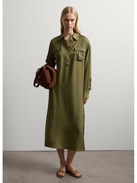 STEFANEL Sukienka w kolorze khaki rozmiar: L. Brązowe sukienki Stefanel, na co dzień, l, bez wzorów, z tkaniny, bez kołnierzyka, bez ramiączek, midi, proste. Za 304.95 zł.