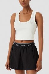 GUESS Biały krótki damski tank top Silvy Rib, Rozmiar M. Białe topy Guess, m, z aplikacjami, z materiału, bez kołnierzyka, bez ramiączek. Za 189.99 zł.