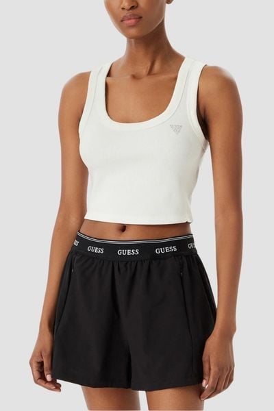 GUESS Biały krótki damski tank top Silvy Rib, Rozmiar L. Białe topy Guess, l, z aplikacjami, z materiału, bez kołnierzyka, bez ramiączek. W wyprzedaży za 79.99 zł.