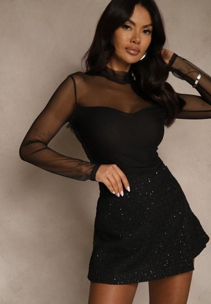 Czarne Cekinowe Spódnico-Szorty z Wełną Fedalia. Czarne szorty Renee, z aplikacjami, z wełny. Za 129.99 zł.