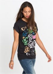 T-shirt z nadrukiem. Czarne t-shirty bonprix, bez wzorów, bez kołnierzyka, bez ramiączek. Za 54.99 zł.