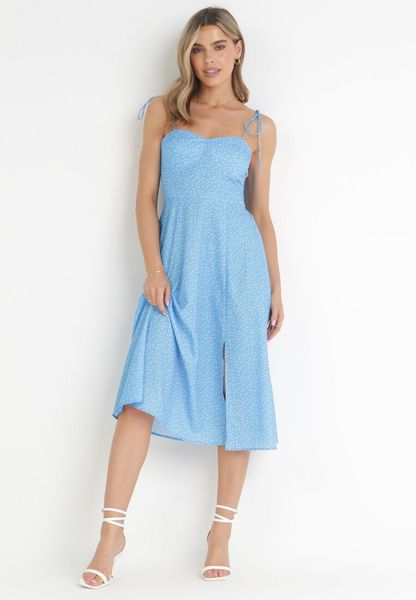 Niebieska Sukienka Midi w Kropki na Ramiączkach Ionttis. Niebieskie sukienki Born2be, na lato, l, bez wzorów, z tkaniny, bez kołnierzyka, bez ramiączek, midi, rozkloszowane. Za 79.99 zł.