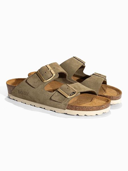 BACKSUN Skórzane klapki "Bali" w kolorze khaki rozmiar: 41. Brązowe klapki Backsun, bez wzorów, z otwartym noskiem, bez obcasa. Za 204.95 zł.