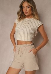 Beżowe Szorty z Bawełną High Waist z Ozdobnym Sznurkiem Axemia. Brązowe szorty Renee, bez wzorów, z bawełny, eleganckie, z podwyższonym stanem. Za 44.99 zł.