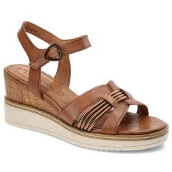 Brązowe Sandały Tamaris Damskie Modne Buty Letnie. Brązowe sandały Tamaris, z aplikacjami, z materiału, boho, bez obcasa, na koturnie, bez zapięcia. Za 309.00 zł.