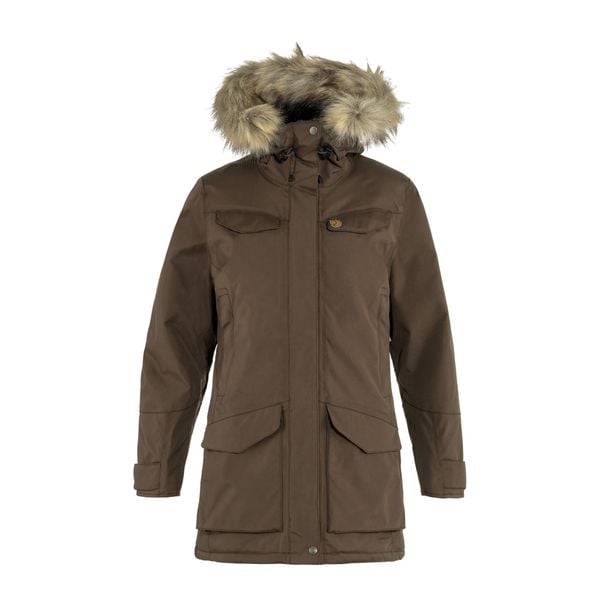 Kurtka puchowa damska Fjällräven Nuuk Parka. Brązowe parki Fjällräven, na zimę, z puchu, sportowe, bez kaptura. W wyprzedaży za 2,117.35 zł.