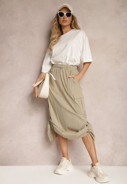 Beżowa Spódnica ze Ściąganym Dołem ze Stoperami i Kieszeniami Lariena. Brązowe spódnice Renee, na co dzień, l, bez wzorów, midi, proste. Za 69.99 zł.