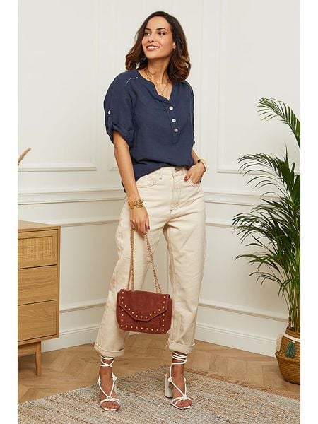 Le Monde du Lin Lniana bluzka w kolorze granatowym rozmiar: 40/42. Niebieskie bluzki Le Monde du Lin, bez wzorów, ze lnu, klasyczne, bez kołnierzyka, bez ramiączek. Za 132.05 zł.