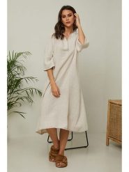 Joséfine Lniana sukienka "Granael" w kolorze beżowym rozmiar: XL. Brązowe sukienki Joséfine, na co dzień, xl, bez wzorów, ze lnu, bez kołnierzyka, bez ramiączek, midi, proste. Za 195.99 zł.