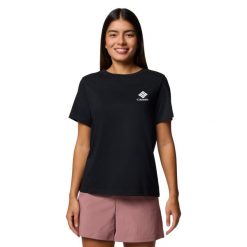 T-shirt sportowy z krótkim rękawem damski Rolling Bend Graphic SS Tee. Czarne koszulki sportowe Columbia, bez wzorów, z bawełny, bez ramiączek. Za 99.99 zł.