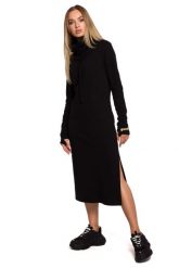 Dzianinowa Długa Sukienka z Wysokim Kołnierzem - Czarna. Czarne sukienki MOE, l, bez wzorów, z bawełny, bez kołnierzyka, bez ramiączek, maxi. Za 308.90 zł.