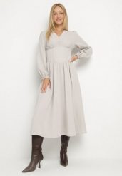 Jasnobeżowa Sukienka z Wiskozą z Gorsetową Talią i Bufiastymi Rękawami Aniste. Brązowe sukienki Born2be, na co dzień, l, bez wzorów, z poliesteru, eleganckie, bez kołnierzyka, bez ramiączek, gorsetowe. Za 139.99 zł.