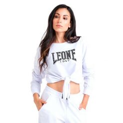 Luksusowa damska bluza wiązana z okrągłym dekoltem. Białe bluzy LEONE 1947 APPAREL, l, bez wzorów, z tkaniny, bez kaptura. Za 136.83 zł.