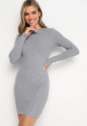 Szara Sukienka Mini z Prążkowanej Sweterkowej Dzianiny o Dopasowanym Fasonie Paulinma. Szare sukienki Born2be, bez wzorów, z bawełny, bez kołnierzyka, bez ramiączek, maxi, dopasowane. Za 74.99 zł.