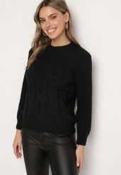 Czarny Sweter z Bawełną i Ozdobnym Splotem Savalissea. Czarne swetry Born2be, bez wzorów, z bawełny, bez ramiączek. Za 64.99 zł.