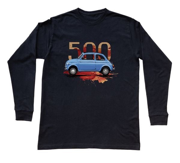 Fiat 500 — bluzka z długim rękawem (Rozmiar: XL (dorosła); Kolor koszulki: czarny; Rodzaj nadruku: Fiat 500). Czarne bluzki nikiniki, s, bez wzorów, z bawełny, eleganckie, bez kołnierzyka, bez ramiączek. Za 99.00 zł.