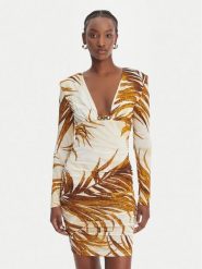 Just Cavalli Sukienka koktajlowa 80PAO957 JS560 Beżowy Slim Fit. Brązowe sukienki Just Cavalli, bez wzorów, z wiskozy, wizytowe, bez kołnierzyka, bez ramiączek. Za 1,464.99 zł.