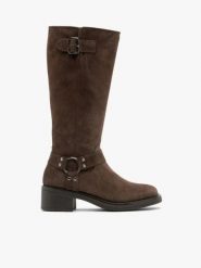 Brązowe kozaki biker boots ze skóry welurowej. Brązowe kozaki Brawo sp. z o.o., ze skóry, bez obcasa, bez zapięcia. Za 699.99 zł.