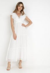 Biała Sukienka Diomena. Białe sukienki Born2be, na imprezę, l, bez wzorów, z koronki, bez kołnierzyka, bez ramiączek, maxi, rozkloszowane. Za 169.99 zł.