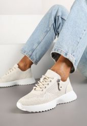 Beżowe Sneakersy Skórzane Ozdobione Suwakiem Ivelami. Brązowe obuwie sportowe Renee, z jeansu, bez zapięcia. Za 139.99 zł.