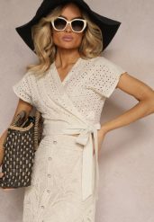 Jasnobeżowa Krótka Wiązana Bluzka z Haftowanej Tkaniny Moalma. Brązowe bluzki Renee, l, bez wzorów, z jeansu, eleganckie, bez kołnierzyka, bez ramiączek. W wyprzedaży za 76.99 zł.