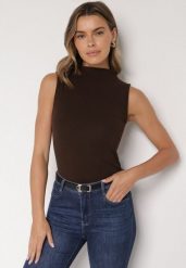 Ciemnobrązowy Bawełniany Top o Dopasowanym Kroju z Półgolfem Unarisa. Brązowe topy Born2be, m, bez wzorów, z bawełny, bez kołnierzyka, bez ramiączek. Za 59.99 zł.