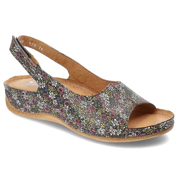 Kolorowe Sandały Pollonus Eleganckie Obuwie Damskie W Kwiaty. Szare sandały Pollonus, bez wzorów, z nubiku, eleganckie, bez obcasa, na koturnie, bez zapięcia. Za 189.00 zł.