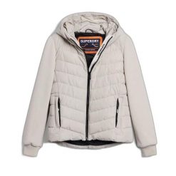 Damska kurtka z kapturem Superdry Storm Hybrid. Brązowe koszulki sportowe Superdry, bez wzorów, z puchu, bez ramiączek. W wyprzedaży za 484.45 zł.