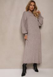 Beżowa Pudełkowa Sukienka z Wiskozą i Półgolfem Salindra. Brązowe sukienki Renee, bez wzorów, z wiskozy, eleganckie, bez kołnierzyka, bez ramiączek, midi, kopertowe. Za 119.99 zł.