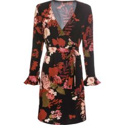 Sukienka w kwiaty bonprix czarny z rdzawoczerwonym nadrukiem. Czarne sukienki bonprix, bez wzorów, bez kołnierzyka, bez ramiączek, kopertowe. Za 79.99 zł.