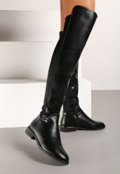 Czarne Płaskie Kozaki w Stylu Muszkieterek z Ociepleniem Temitlin. Czarne kozaki Renee, na zimę, z jeansu, bez obcasa, na obcasie, bez zapięcia. Za 149.99 zł.