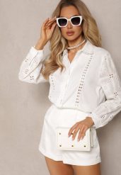 Biała Koszula w Stylu Boho z Ozdobnym Haftem Anvia. Białe koszule Renee, l, bez wzorów, boho, bez kołnierzyka, bez ramiączek. Za 59.99 zł.