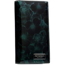 Portfel damski Peterson PTN PS1431-FDS zielony. Zielone portfele Peterson, z aplikacjami, z lakierowanej skóry. Za 129.99 zł.