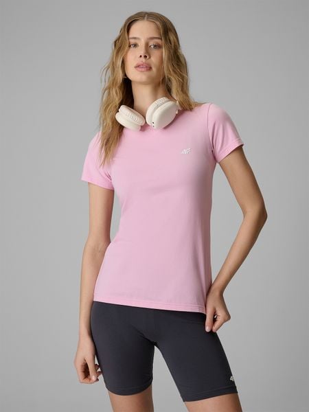 4F T-shirt slim gładki damski - różowy S. Czerwone t-shirty 4f, s, bez wzorów, z materiału, bez kołnierzyka, bez ramiączek. Za 49.99 zł.