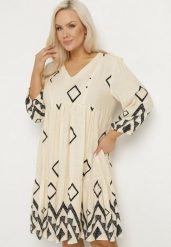 Jasnobeżowa Bawełniana Sukienka Pudełkowa w Geometryczny Wzór Claradina. Brązowe sukienki Born2be, l, bez wzorów, z bawełny, eleganckie, bez kołnierzyka, plus size, bez ramiączek, midi. Za 89.99 zł.