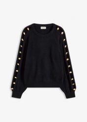 Sweter z metalowymi perełkami. Czarne swetry bonprix, z aplikacjami, bez ramiączek. Za 159.99 zł.
