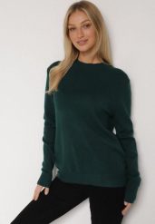 Ciemnozielony Klasyczny Sweter z Wełną Mailira. Zielone swetry Born2be, uniwersalny, bez wzorów, z jeansu, bez ramiączek. Za 59.99 zł.