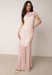 Różowa Siateczkowa Sukienka Koktajlowa z Wiskozą na Krótki Rękaw Talogana. Czerwone sukienki Born2be, na imprezę, l, bez wzorów, z materiału, wizytowe, bez kołnierzyka, bez ramiączek, maxi. Za 209.99 zł.