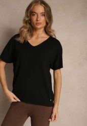Czarny T-shirt z Dzianiny z Dekoltem w Serek Fenalise. Czarne t-shirty Renee, l, z aplikacjami, z dzianiny, bez kołnierzyka, bez ramiączek. Za 49.99 zł.