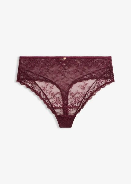 Stringi z wysokim stanem. Fioletowe stringi bonprix, bez wzorów, z koronki. Za 59.99 zł.