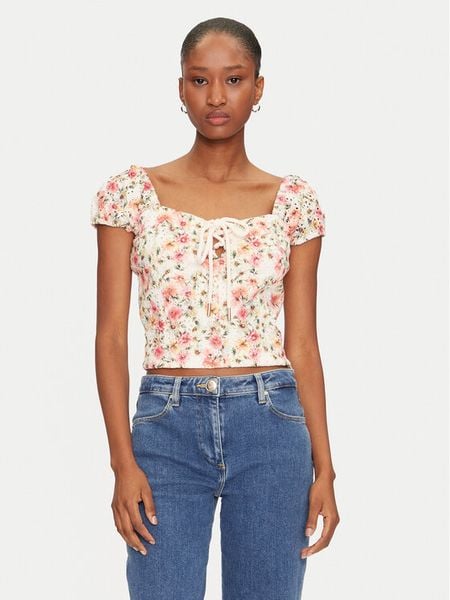 Guess Bluzka W5GP13 KCVA1 Beżowy Slim Fit. Brązowe bluzki Guess, xl, z aplikacjami, z bawełny, bez kołnierzyka, bez ramiączek. Za 169.99 zł.