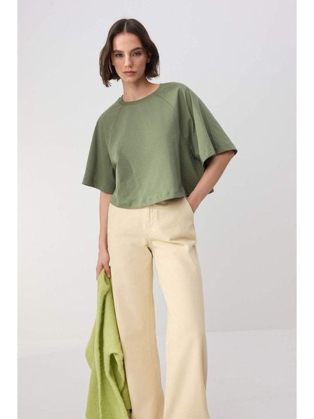 Trendyol Koszulka w kolorze khaki rozmiar: S/M. Brązowe bluzki Trendyol, m, bez wzorów, z bawełny, bez kołnierzyka, bez ramiączek. Za 71.89 zł.