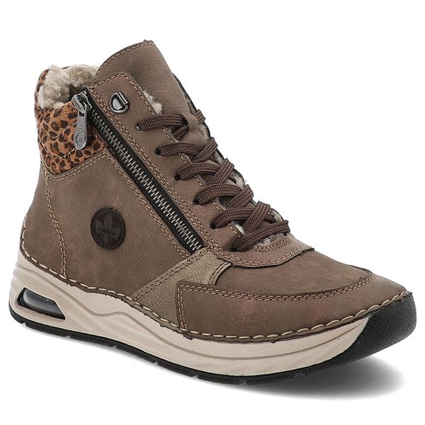 Brązowe Botki Rieker Solidne Ocieplane Buty Damskie. Brązowe botki Rieker, bez wzorów, z materiału, bez obcasa, bez zapięcia. Za 399.00 zł.