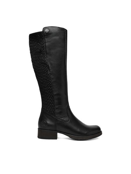Rieker Kozaki CEO-Z9591-00 Czarny. Czarne kozaki Rieker, ze skóry, bez obcasa, na słupku, bez zapięcia. Za 529.99 zł.