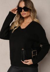 Czarny Sweter z Dekoltem w V z Domieszką Kaszmiru Nelilae. Czarne swetry Renee, bez wzorów, z jeansu, bez ramiączek. Za 119.99 zł.