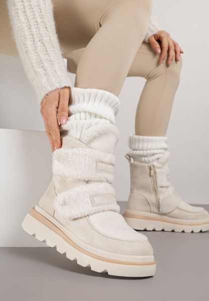 Beżowe Botki Śniegowce na Grubej Podeszwie Ozdobione Szerokimi Rzepami Amerria. Brązowe botki Born2be, bez wzorów, z jeansu, bez obcasa, na płaskiej podeszwie, bez zapięcia. Za 129.99 zł.