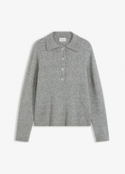 Sweter z kołnierzykiem polo z domieszką wełny. Niebieskie swetry bonprix, bez wzorów, z wełny, bez ramiączek. Za 149.99 zł.